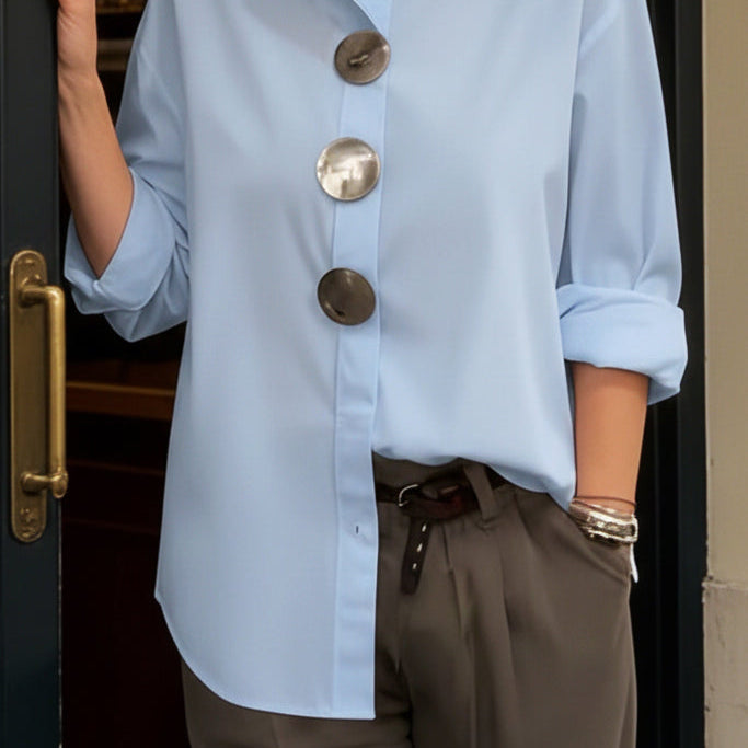 TOP : Rosaline™ | Statement Button Stand Collar Blouse in Blue van Paper Favor