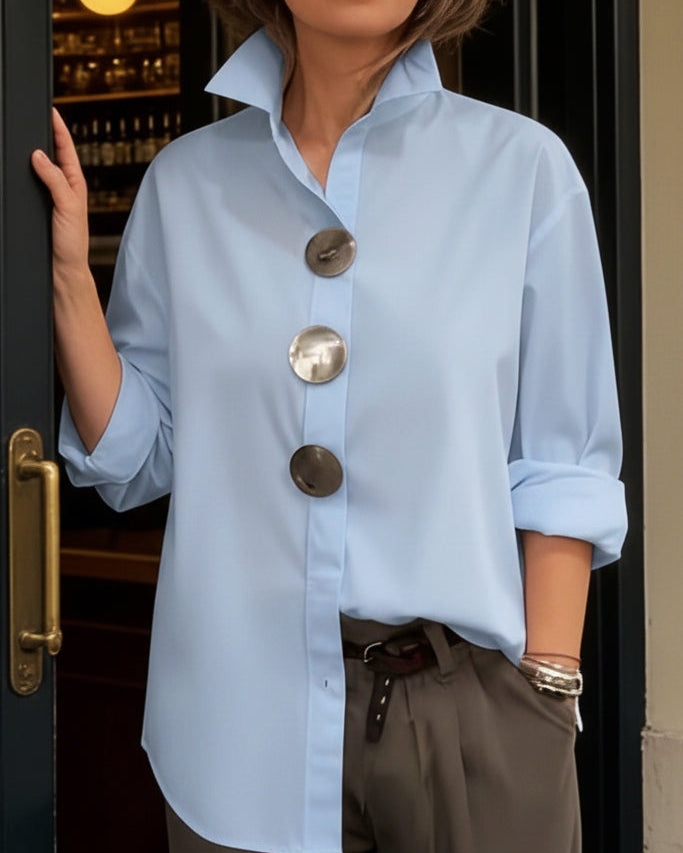 TOP : Rosaline™ | Statement Button Stand Collar Blouse in Blue van Paper Favor