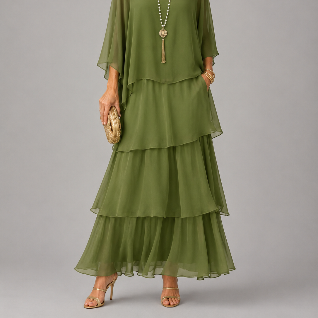 Clothing > Dresses : Lara™ | Elegant Flowing Maxi Dress in Dark Green van Paper Favor