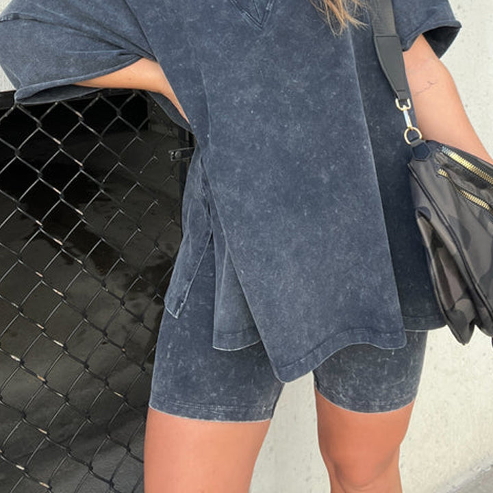 Women > Two-Piece Sets : Women's Ariana Acid-Wash Oversized Tee & Biker Shorts Set in Gray van Paper Favor