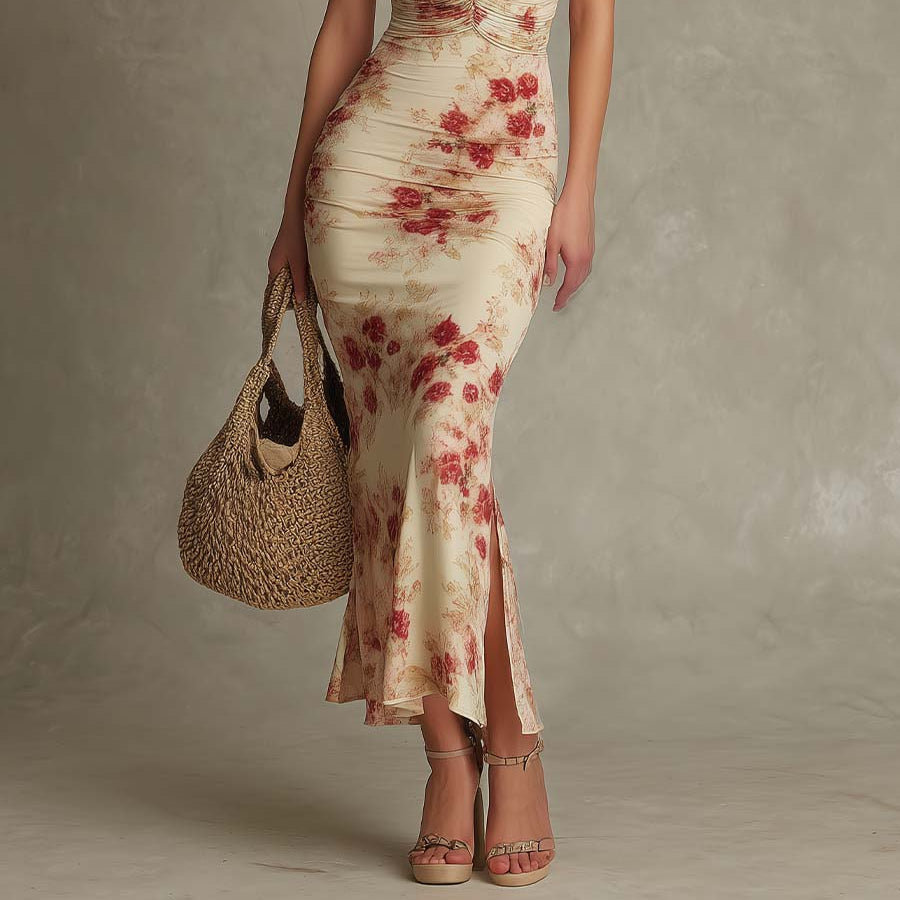 Women's Romantic Vintage Rose Ruched Corset Midi Dress