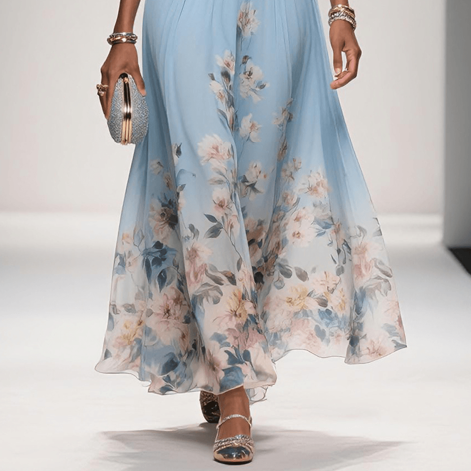 Elegant Light Blue Floral Chiffon V-Neck Sleeveless A-Line Long Dress