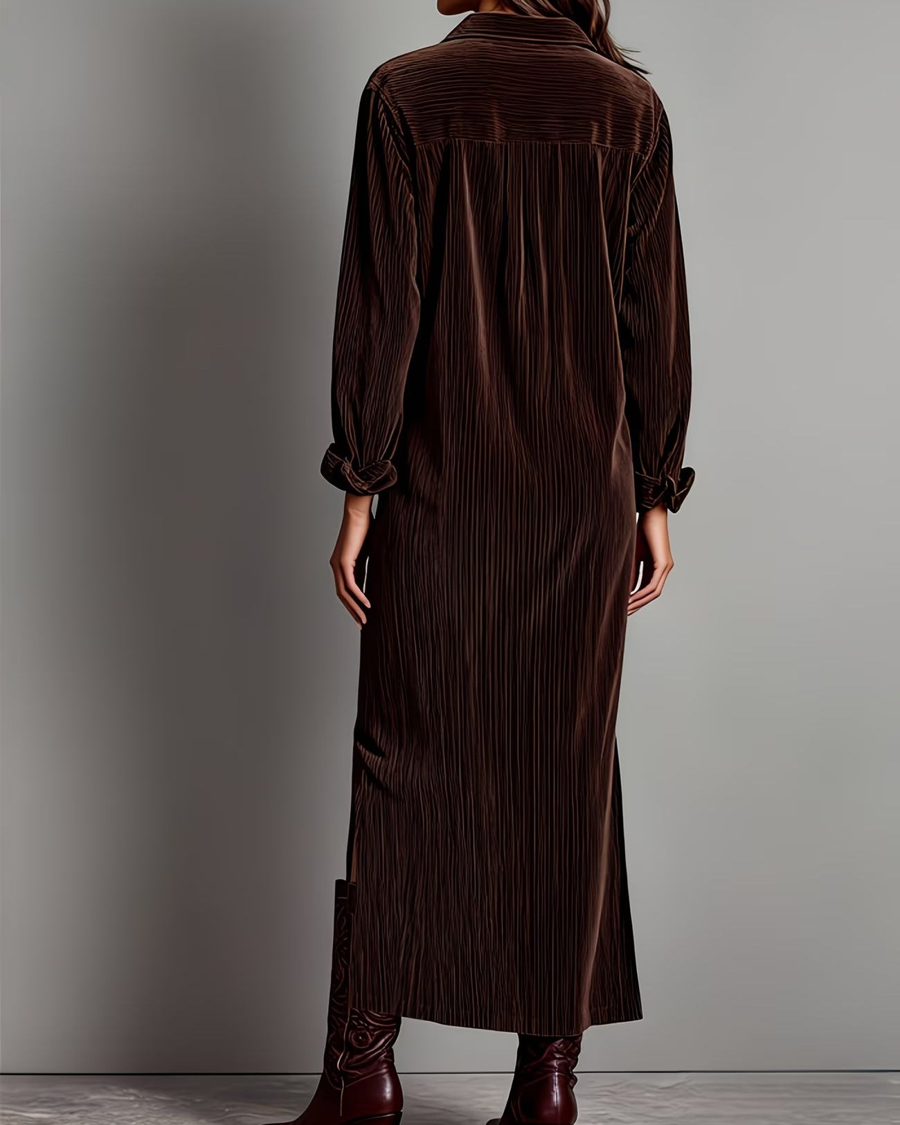 Dresses : Matilda | Corduroy Chest Pocket Lapel Single-Breasted Slit Long Dress in van Paper Favor