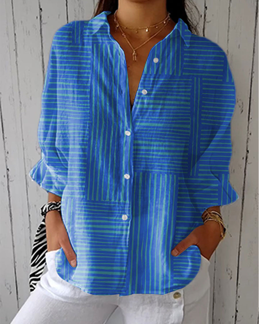 Clothing > Blouses : Feline | Azure Stripe Blouse in Blue van Paper Favor