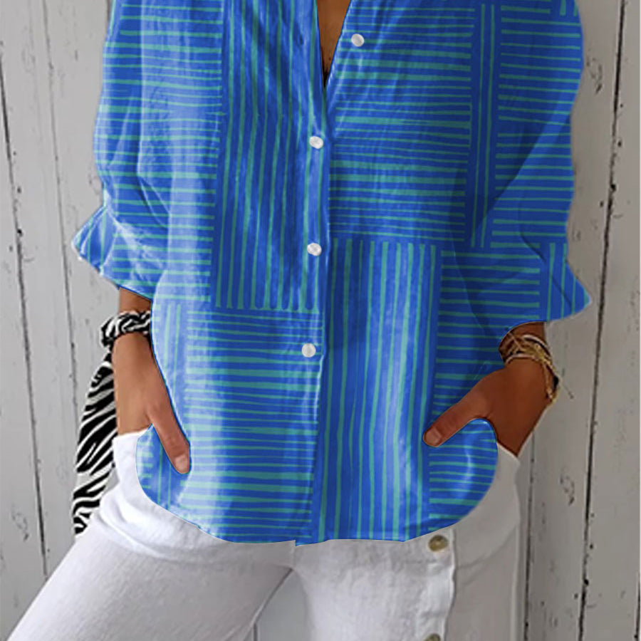 Clothing > Blouses : Feline | Azure Stripe Blouse in Blue van Paper Favor