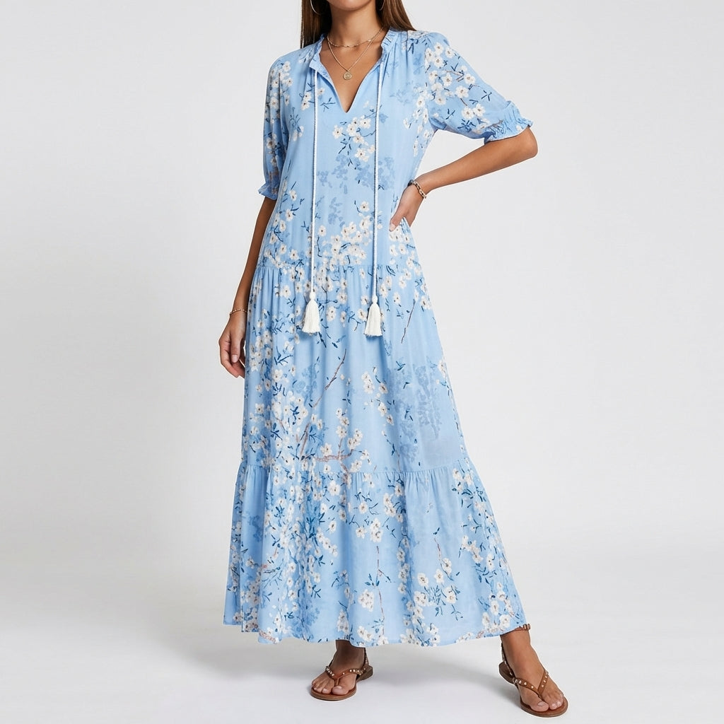 Dress : ARIA | Boho Tummy Coverage Dress in Light Blue van Paper Favor