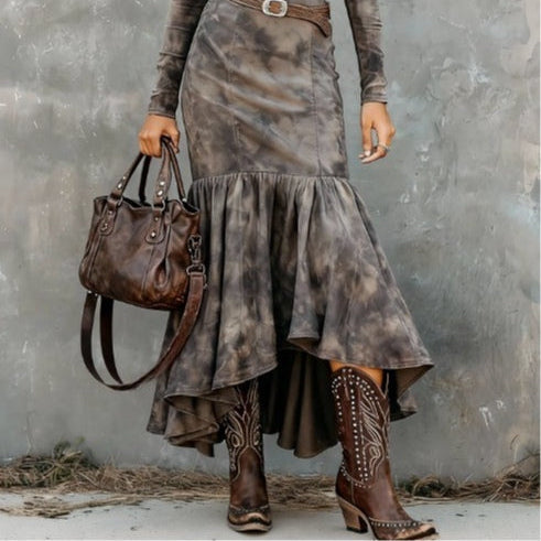 Women's Vintage Long Polyester Dress with Flared Hem and Belt for an