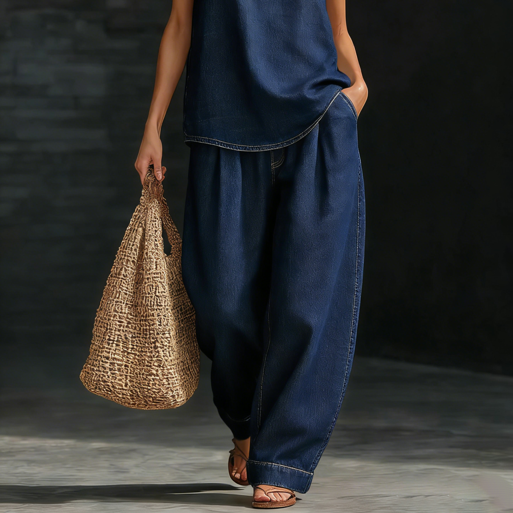 : Mary - Denim 2-Piece Set in Navy Blue van Paper Favor