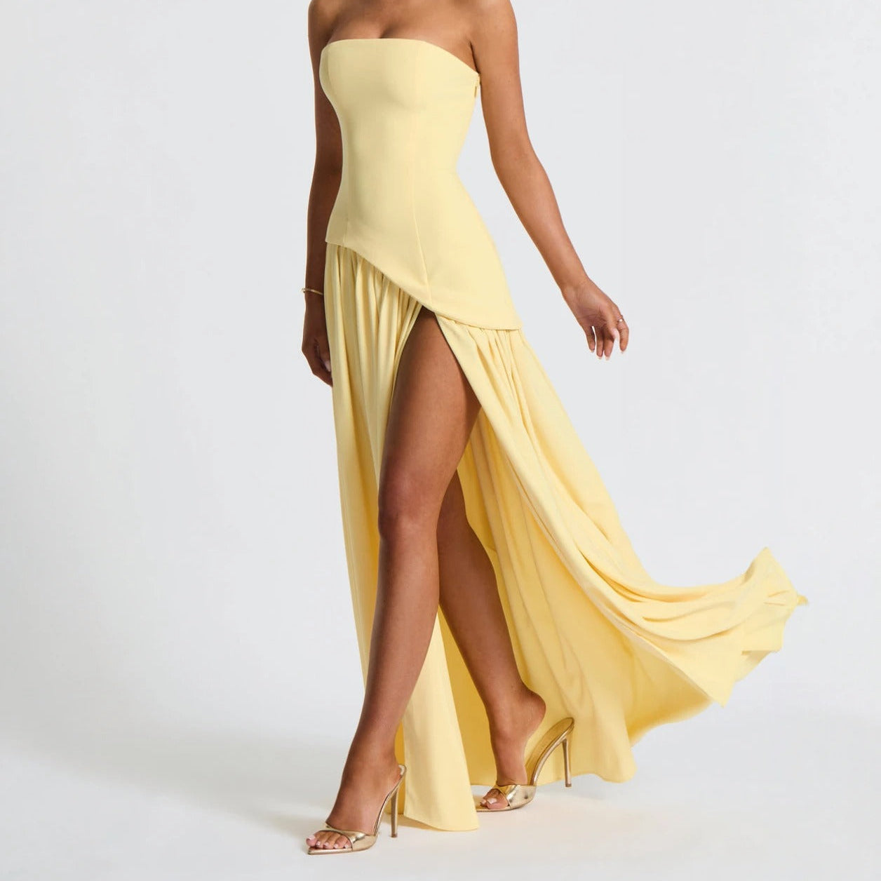 Women > Dresses > Maxi : Women's Effortless Chic Slit Maxi Dress in Lemon van Paper Favor