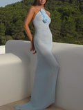 Women's Sleeveless Floral Maxi Dress with Backless Design and Mesh Top