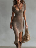 Women's Boho Hollow-Out Knit Midi Dress with a Single-Side Slit