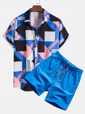 Men's Block Stripe Print Shirt & Swim Shorts Set