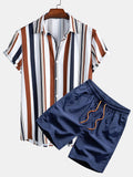 Men's Vibrant Striped Print Shirt & Swim Shorts Set