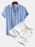 Men's Striped Print Button-Up Shirt & Swim Shorts Set