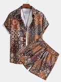 Men's Paisley Patchwork Print Button-Up Shirt & Shorts Set