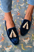 Women's Midnight Elegance: Luxurious Loafers with Champagne Tassels