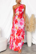 Women's Asymmetrical sleeveless printed and pleated long dress for a