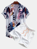 Men's Leaf Color-Block Print Button-Up Shirt & Swim Shorts Set