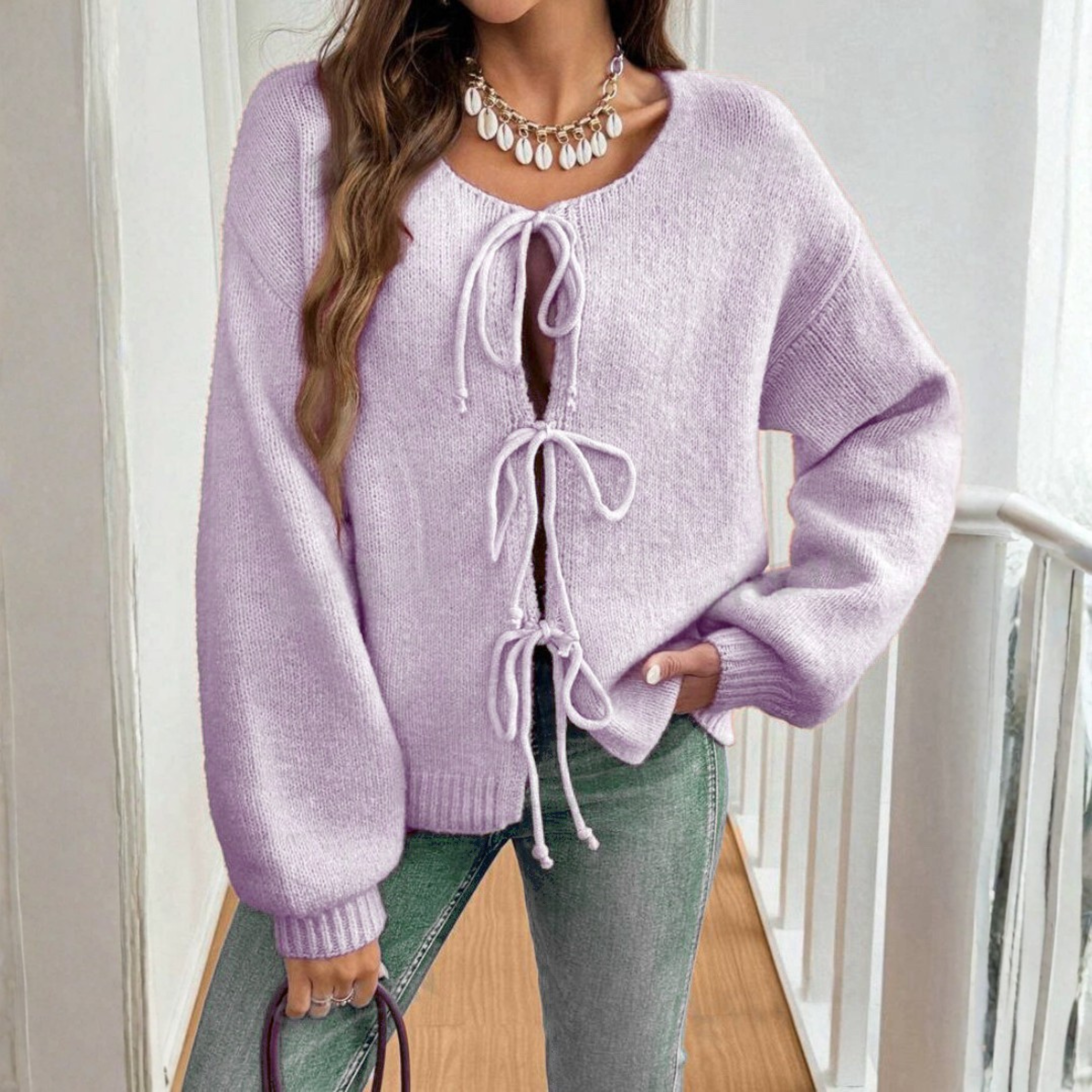 Elegant Tie-Front Cardigan with Long Sleeves and Round Neck