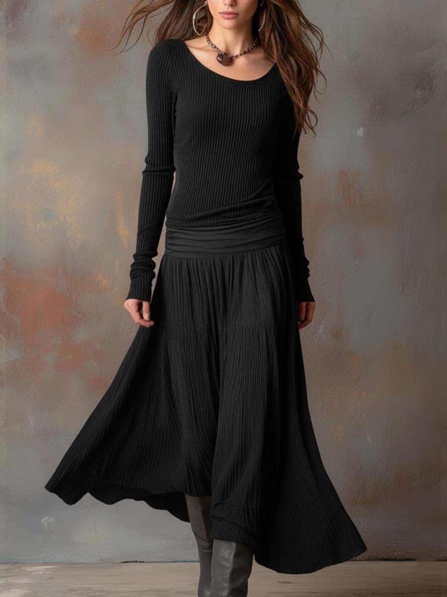 Long Sleeve Midi Dress : Felicity | Luxury Ribbed Sweater Dress in Black van Paper Favor