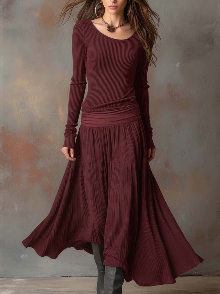 Long Sleeve Midi Dress : Felicity | Luxury Ribbed Sweater Dress in Burgundy van Paper Favor