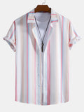 Men's Vibrant Striped Print Button-Up Shirt & Swim Shorts Set