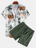 Men's Vibrant Palm Tree & Beer Print Button-Down Shirt + Solid