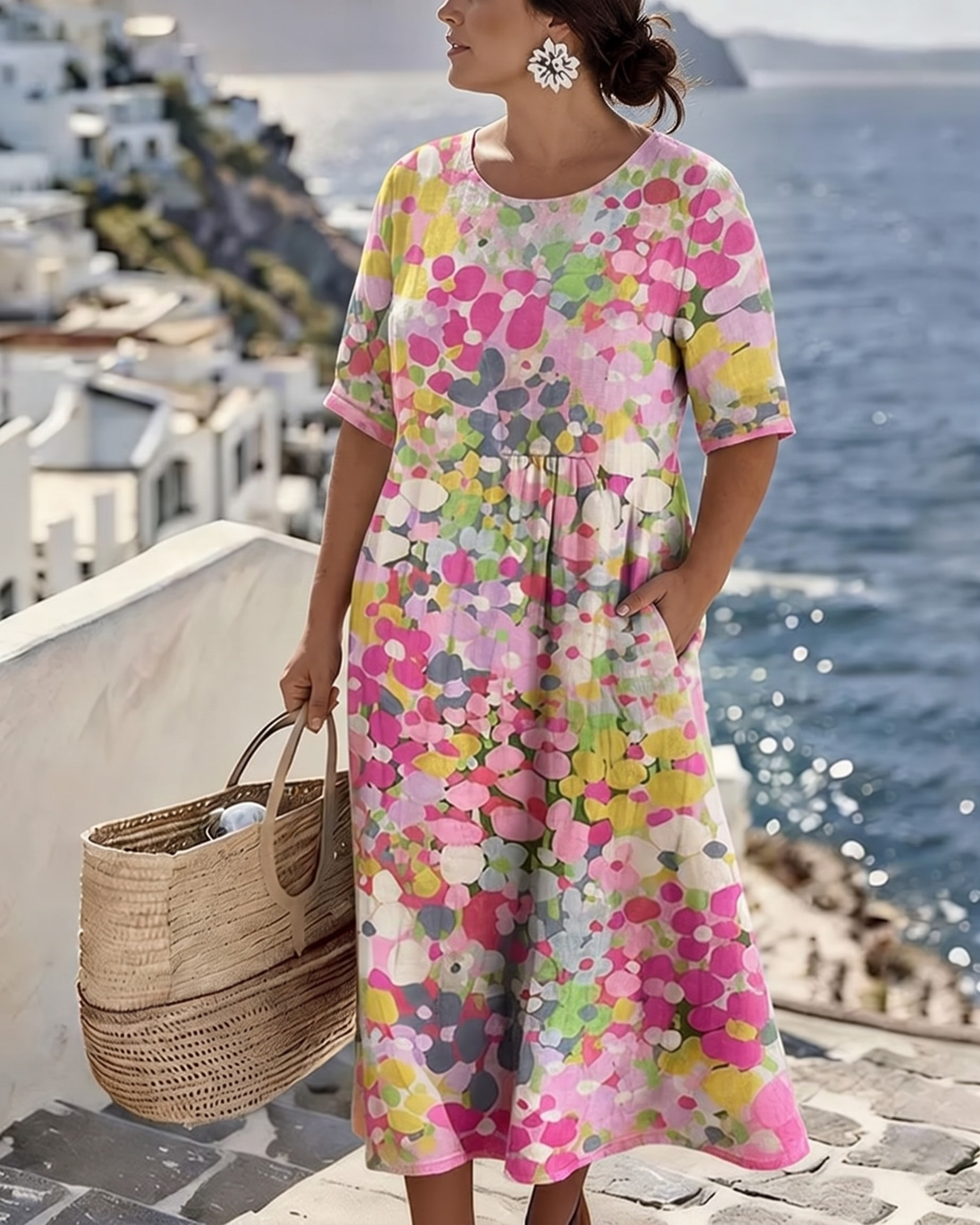 Dresses : ELENA™ - ELEGANT FLORAL SUMMER MIDI DRESS in van Paper Favor