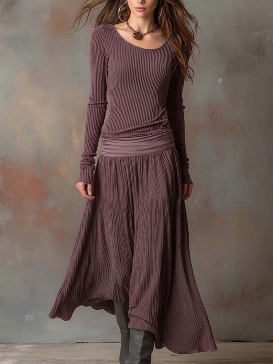 Long Sleeve Midi Dress : Felicity | Luxury Ribbed Sweater Dress in Grayish Purple van Paper Favor