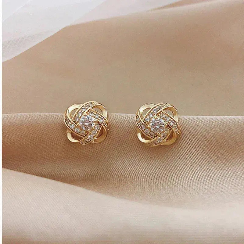 Glittering Gold Spiral Floral Crystal Stud Earrings - Delicate, Sparkling Floral Design