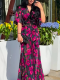 Women's Retro Printed Dress with V-Neckline and Elegant Trumpet