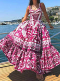 Women's Elegant Printed Pleated Maxi Spaghetti Strap Dress