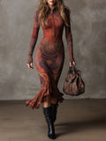Women's Bohemian Ethnic-Print Knitted Midi Dress with Fishtail Hem