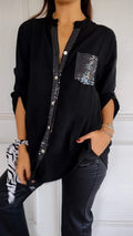 Women's Sequin V-Neck Mid-Sleeve Casual Top – Effortless Everyday Glam
