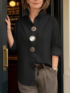 TOP : Rosaline™ | Statement Button Stand Collar Blouse in Black van Paper Favor