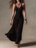 Women's Chic Black Sleeveless Knit Pleated Maxi Dress