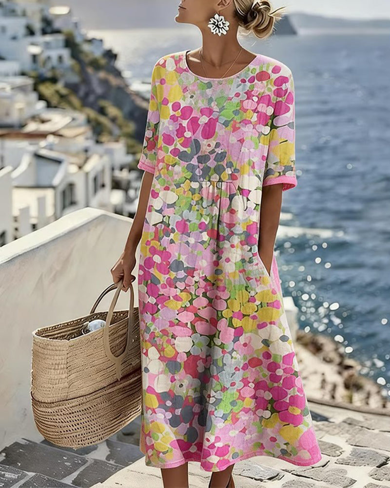Dresses : ELENA™ - ELEGANT FLORAL SUMMER MIDI DRESS in Pink (Almost Sold Out) van Paper Favor