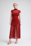 Women's Elegant Brown Pleated Mesh Bodycon Dress