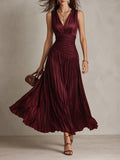Chic Vintage Striped Pleated Satin Maxi Dress