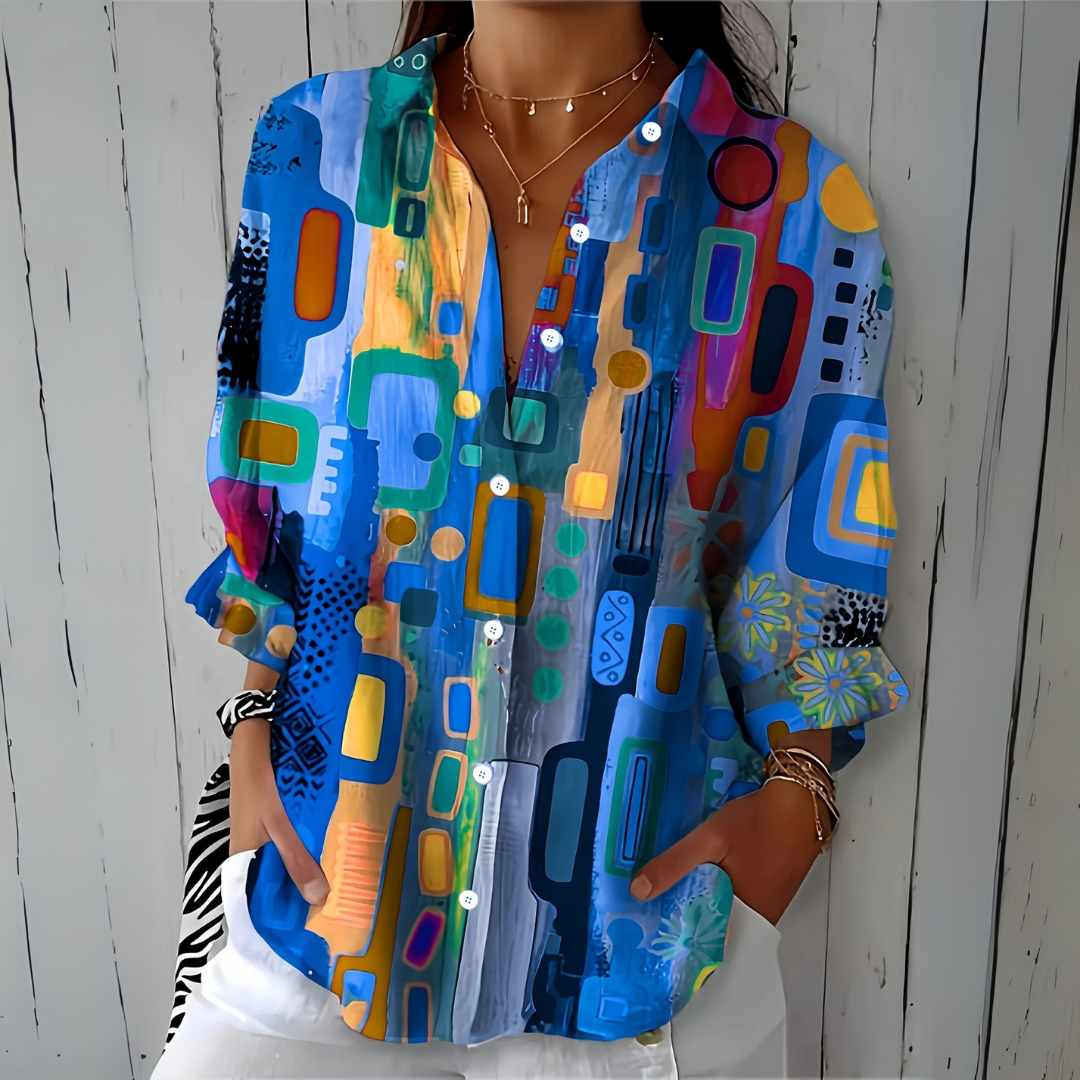 Blouse : Catalina | Vibrant Artistic Button-Up Blouse in Yellow van DUUWE