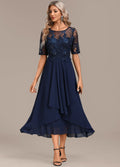 Women's Sophie Navy Lace Short-Sleeve Dress with Round Neck