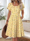 Women's Anabel Yellow Ditsy Floral Print Boat Neck Dress with Short