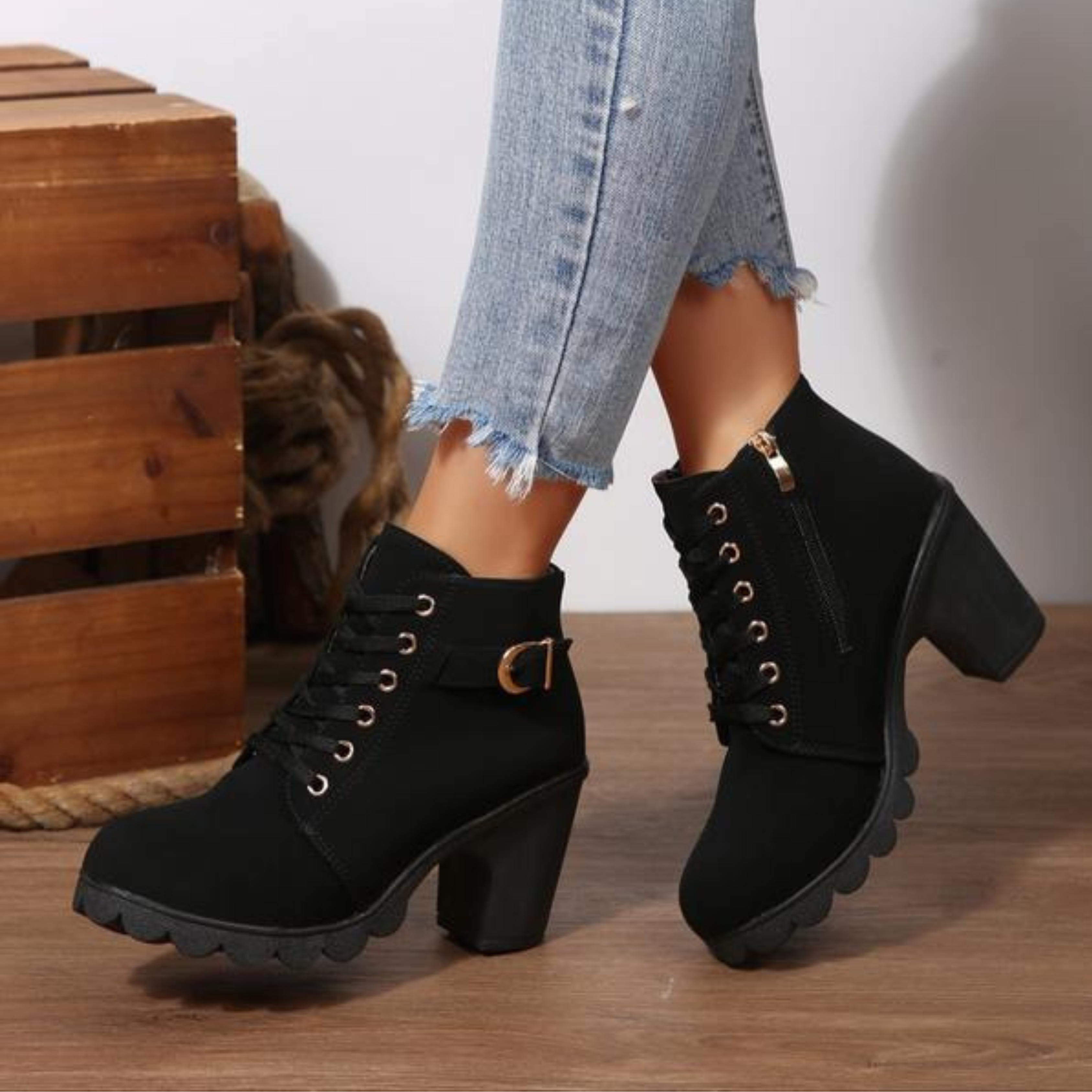 Chic Lace-Up Ankle Boots with Metal Buckle - Bold Chunky Style