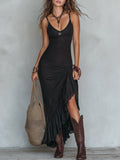 Women's Retro Tencel Lace-Trimmed Maxi Dress with Irregular Hem