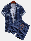 Men's Palm Tree Island Print Button-Up Shirt & Drawstring Swim Shorts