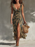 Tropical Rainforest Ruched Maxi Dress with a Flirty High Slit