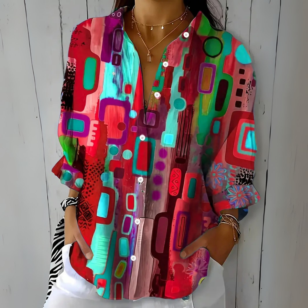 Blouse : Catalina Vibrant Artistic Print in Red van Paper Favor