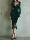 Women's Luxurious Green Velvet Lace Midi Dress with Long Sleeves