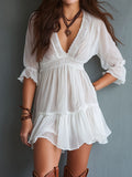Women's Boho White Lace-Trim Mini Dress with Three-Quarter Sleeves