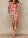 Women's Chic Blush Floral Ruched Bodycon Midi Dress with a Feminine